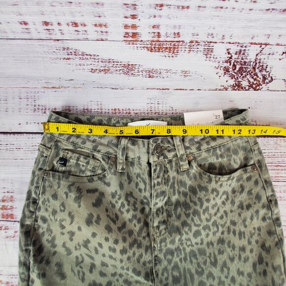 Kancan High Rise Crop Skinny Jeans Leopard Army Green Fringe Hem Size 27 NWT - Picture 13 of 15
